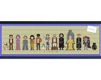 Peut inclure: Broderie au point de croix représentant des personnages d'une série de films de science-fiction. L'œuvre encadrée présente des personnages pixélisés de différentes couleurs, dont le marron, le violet et le jaune, sur un fond vert clair. L'œuvre est dans un cadre noir.