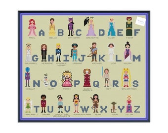 Peut inclure: Un tableau d'alphabet coloré mettant en scène des personnages féminins de films et d'émissions de télévision populaires. Chaque lettre est associée à un personnage, comme Ariel pour A, Belle pour B et Catwoman pour C.