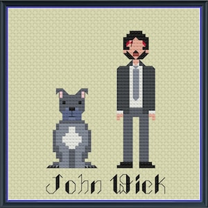 May include: Cross-stitch artwork featuring a pixelated depiction of John Wick with his dog. The artwork is framed in a dark blue border, with the words "John Wick" stitched at the bottom. The characters are rendered in shades of gray, black, and red.