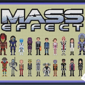 Pode incluir: Um padrão de ponto cruz com o logotipo e os personagens do videogame Mass Effect. Os personagens são pixelados e incluem o Comandante Shepard, Garrus Vakarian, Liara T'Soni e outros.