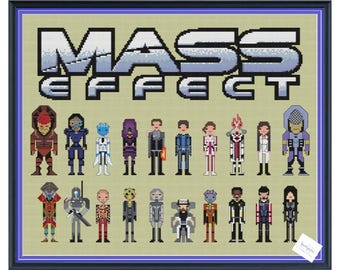 Peut inclure: Un motif de point de croix représentant le logo et les personnages du jeu vidéo Mass Effect. Les personnages sont pixélisés et incluent le Commandant Shepard, Garrus Vakarian, Liara T'Soni, et d'autres.