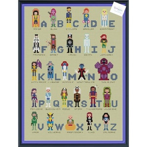 Pode incluir: Um gráfico de alfabeto colorido com personagens dos X-Men. Cada letra é emparelhada com um personagem diferente dos X-Men, como Armor, Blink, Cyclops, e mais. Os personagens são representados em um estilo pixelado.