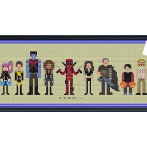 Pode incluir: Obra de arte em ponto cruz com um grupo de personagens de banda desenhada pixelizados, incluindo Deadpool. As personagens estão dispostas numa fila sobre um fundo bege claro, emolduradas numa moldura azul escura.