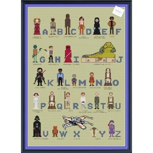 Pode incluir: Um gráfico de alfabeto colorido com personagens da franquia Star Wars. Cada letra está emparelhada com um personagem diferente, como Darth Vader, Yoda e a Princesa Leia.