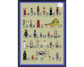 May include: A colorful alphabet chart featuring characters from the Star Wars franchise. Each letter is paired with a different character, such as Darth Vader, Yoda, and Princess Leia.