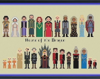 Peut inclure: Motif de point de croix représentant des personnages de la série télévisée House of the Dragon. Le motif comprend une variété de personnages, y compris des hommes et des femmes, avec différentes couleurs de cheveux et styles vestimentaires. Le texte "House of the Dragon" est inclus dans le motif.