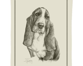 Mike Sibley Portrait Artist | Basset Hound | Quality Cotton Tea Towel | Ideal Present | Gift For Dog Lovers