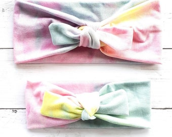Mommy and me matching knotted headband in pastel tie dye for mommy and daughter - matching mommy and me headbands - tie dye headbands