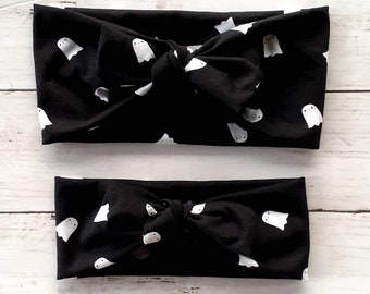 Signature knotted Halloween headbands in black with white ghosts - matching mommy and me halloween headbands - ghost headbands