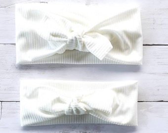 Mommy and Me Headbands white, Mommy and Me Bow headband, white ribbed Headband Set, Matching Headbands Mom and Baby, Gift New Mom