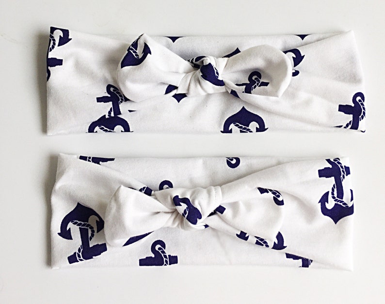 top knot stretchy headwrap matching mommy and me headbands Signature knotted headbands in white with blue anchors for mommy and baby