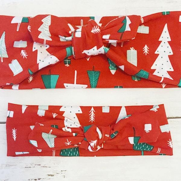 Christmas headbands in green, red & white trees and presents for mommy and daughter - matching mommy and me headbands - Christmas headbands