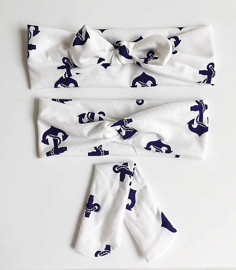 top knot stretchy headwrap matching mommy and me headbands Signature knotted headbands in white with blue anchors for mommy and baby