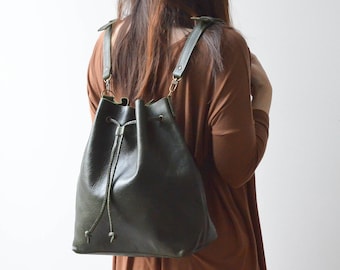 Green Convertible Bucket Bag, Leather Bucket Backpack, Leather drawstring bag, Green Crossbody bag, Cowhide, leather backpack