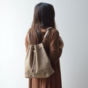 Sample for sale, Sand Convertible Bucket Bag, Leather Backpack, Leather drawstring bag, Cowhide, leather crossbody image 9