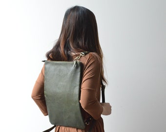 Convertible Green Leather Tote/Backpack, Leather Laptop bag, Book Tote, Leather laptop case, Leather purse