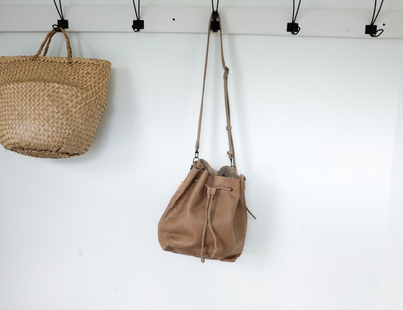Sample for sale, Sand Convertible Bucket Bag, Leather Backpack, Leather drawstring bag, Cowhide, leather crossbody image 3