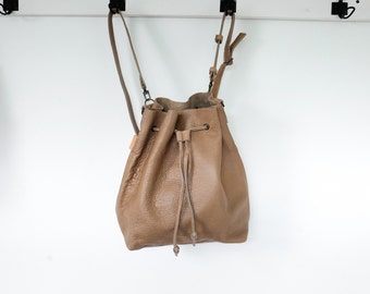 Sample for sale, Sand Convertible Bucket Bag, Leather Backpack, Leather drawstring bag, Cowhide, leather crossbody