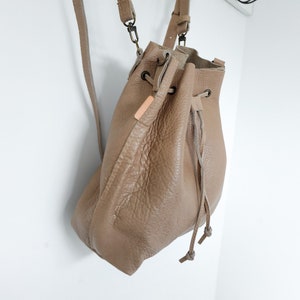 Sample for sale, Sand Convertible Bucket Bag, Leather Backpack, Leather drawstring bag, Cowhide, leather crossbody image 7