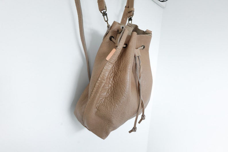 Sample for sale, Sand Convertible Bucket Bag, Leather Backpack, Leather drawstring bag, Cowhide, leather crossbody image 7