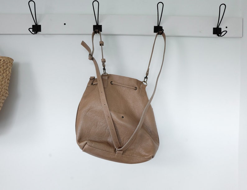 Sample for sale, Sand Convertible Bucket Bag, Leather Backpack, Leather drawstring bag, Cowhide, leather crossbody image 6