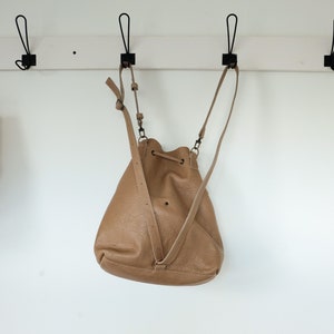 Sample for sale, Sand Convertible Bucket Bag, Leather Backpack, Leather drawstring bag, Cowhide, leather crossbody image 8