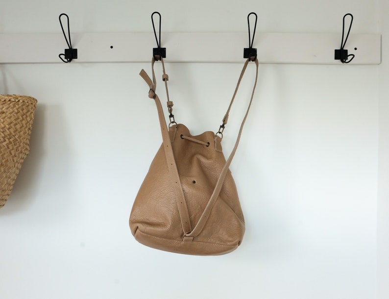 Sample for sale, Sand Convertible Bucket Bag, Leather Backpack, Leather drawstring bag, Cowhide, leather crossbody image 8