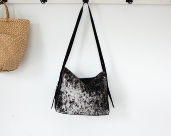 Dark Salt and Pepper cowhide tote, Leather purse for work and everyday, bag with pockets and zippered closure, Medium size tote, work tote.