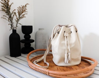 Cream Midi Bucket Bag -  Leather Crossbody Bag, small leather bag, Full grain cowhide purse