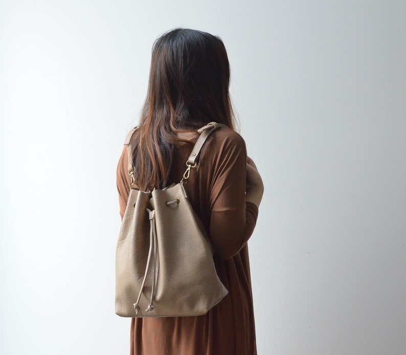 Sample for sale, Sand Convertible Bucket Bag, Leather Backpack, Leather drawstring bag, Cowhide, leather crossbody image 9