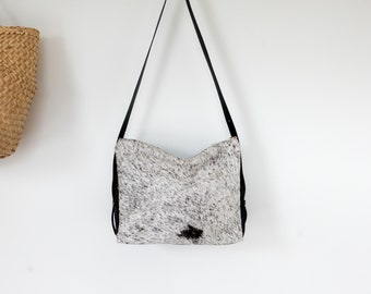 Salt and Pepper cowhide tote, Leather purse for work and everyday, bag with pockets and zippered closure, Medium size boho slouchy bag.