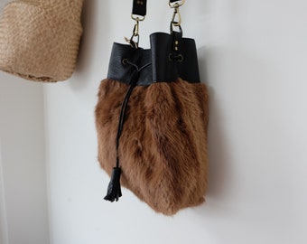 Upcycled Fur Handbag, Sustainable fashion, Leather Shoulder bag, Fur Bucket bag, Medium size purse, On Sale