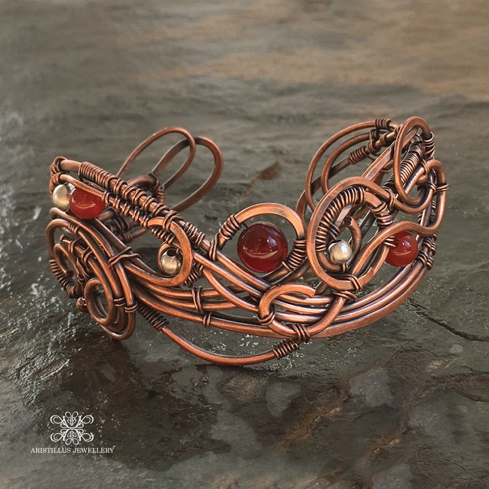 Woven Copper Cuff Bracelet, Wire Wrapped Copper Cuff, Carnelian Copper