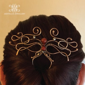 Bronze and Carnelian Art Nouveau Hair Pin, Carnelian Woven Wire Hair Pin, Medieval Hair Comb, Elven Hair Fork, Carnelian Hair Slide