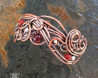 Woven Copper Cuff Bracelet, Wire Wrapped Copper Cuff, Carnelian Copper Cuff, Woven Wire Bracelet, Organic Copper Cuff Bracelet