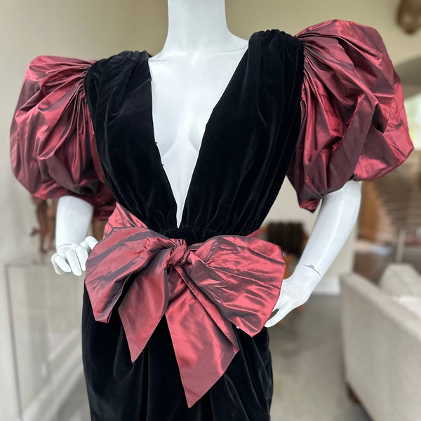 Yves Saint Laurent Rive Gauche Vintage 80's Velvet Dress Taffeta Sleeves and Belt