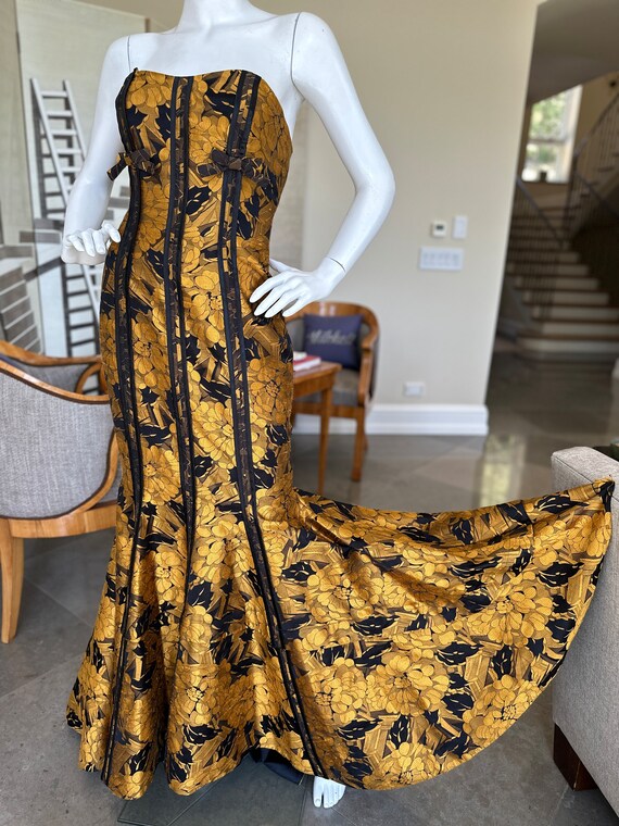 Christian Lacroix Vintage Gold Jacquard Floral Strapless Mermaid Evening Dress.