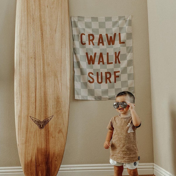 Crawl Walk Surf Banner | Fabric Tapestry | Kids Wall Art & Bedroom/Playroom Decor | Surf Theme Nursery | Checkered Wall Hanging