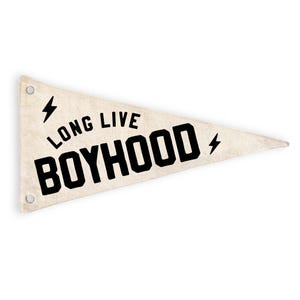 May include: A white pennant with black text that reads "Long Live Boyhood" with a lightning bolt on either side of the text.