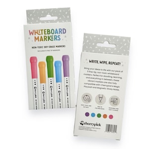 May include: Two white boxes of whiteboard markers. The boxes display the text "WHITEBOARD MARKERS" and "NON-TOXIC DRY-ERASE MARKERS". Each box contains five fine-tip markers in pink, orange, green, blue, and purple.