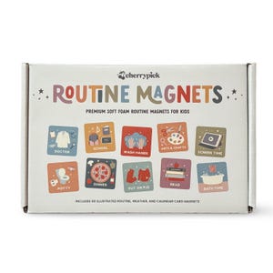 May include: A white box of "ROUTINE MAGNETS" for kids, with illustrated magnets for daily activities like doctor visits, school, and bath time. The box includes the text "PREMIUM SOFT FOAM ROUTINE MAGNETS FOR KIDS".