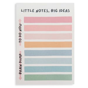 May include: A white notepad with the text "LITTLE NOTES, BIG IDEAS" at the top. The notepad has a vertical line with arrows on either end labelled "BRAIN DUMP" and "TO DO NOW". The notepad is divided into eight horizontal sections with alternating pastel colours.