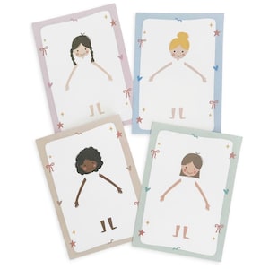 May include: Four illustrated cards featuring girls with different hairstyles and skin tones. Each card has a colored border, stars, hearts, and bows. The initials "JL" are at the bottom of each card.