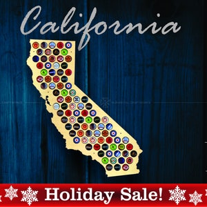 May include: A wooden cutout of the state of California with a gold finish. The outline of the state is filled with bottle caps of various colours and designs. The words "California" and "Holiday Sale!" are written in white text on a red background. The words "Made in USA" are written in white text on a blue background with a small American flag.