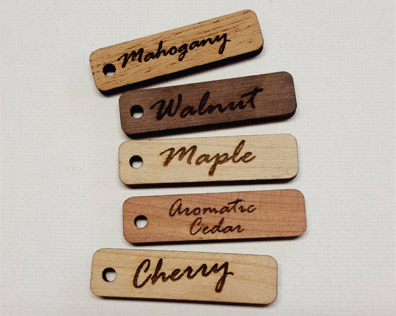 50 Custom Wood Tags T0008 Laser cut & Engraved 1.5 x .5 Dual Hole