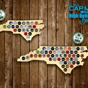 May include: A wooden map of North Carolina with spaces for 51 bottle caps. The map is labeled "The Only CAPMAP with High Definition BORDERS".