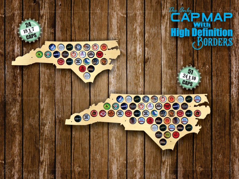 May include: A wooden map of North Carolina with spaces for 51 bottle caps. The map is labeled "The Only CAPMAP with High Definition BORDERS".