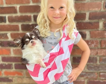 Kid's Pet Sling Carrier - Safe to carry Small Breeds of Dogs, Bunny, Guinea Pig, Puppy, Cat, or any Small Pet - with Harness Safety Clip