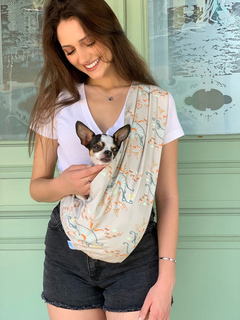 Dog Sling Carrier, Safely Carry your Small or Medium Size Dog, Puppy, Cat, Kitten or Bunny in a Cozy Crossbody Pouch, Select your Print image 1