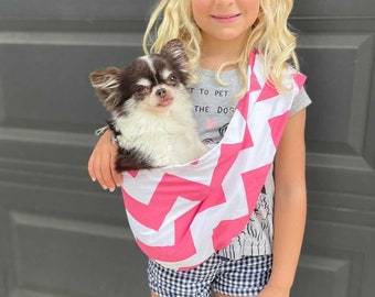 Kid's Pet Sling Carrier- Safe to carry Small Breeds of Dogs, Bunny, Guinea Pig, Puppy, Cat, or any Small Pet - with Harness Safety Clip